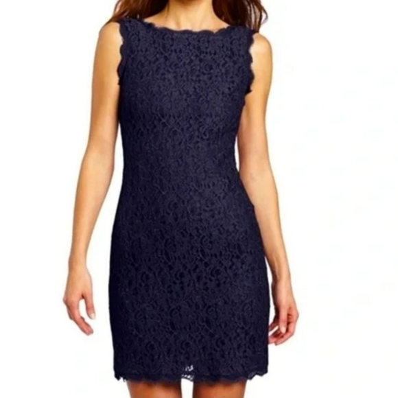 Adrianna Papell Evening Lace Cocktail Dress Navy Exposed Full Back Zip Size 4 - Picture 1 of 16